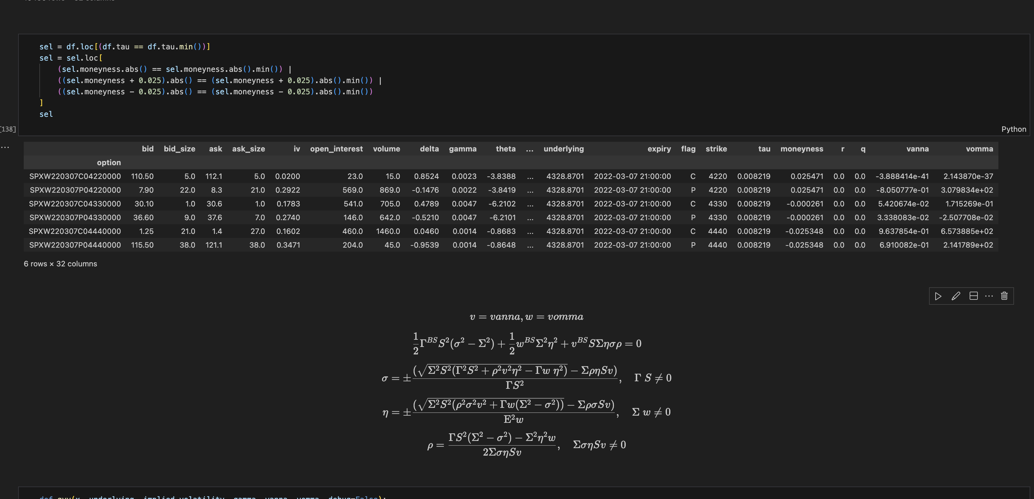 Selected options and equations